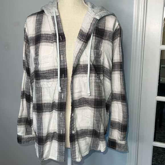 American Eagle distressed plaid button down with hood, XS - Picture 1 of 10